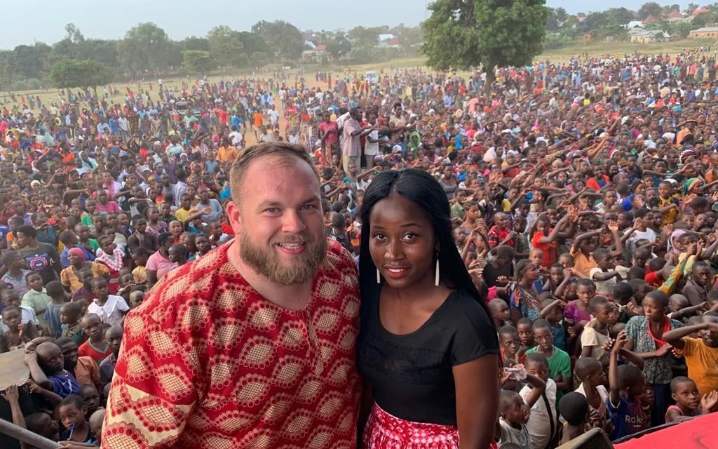 Dean Morris on stage in Katoro, Tanzania